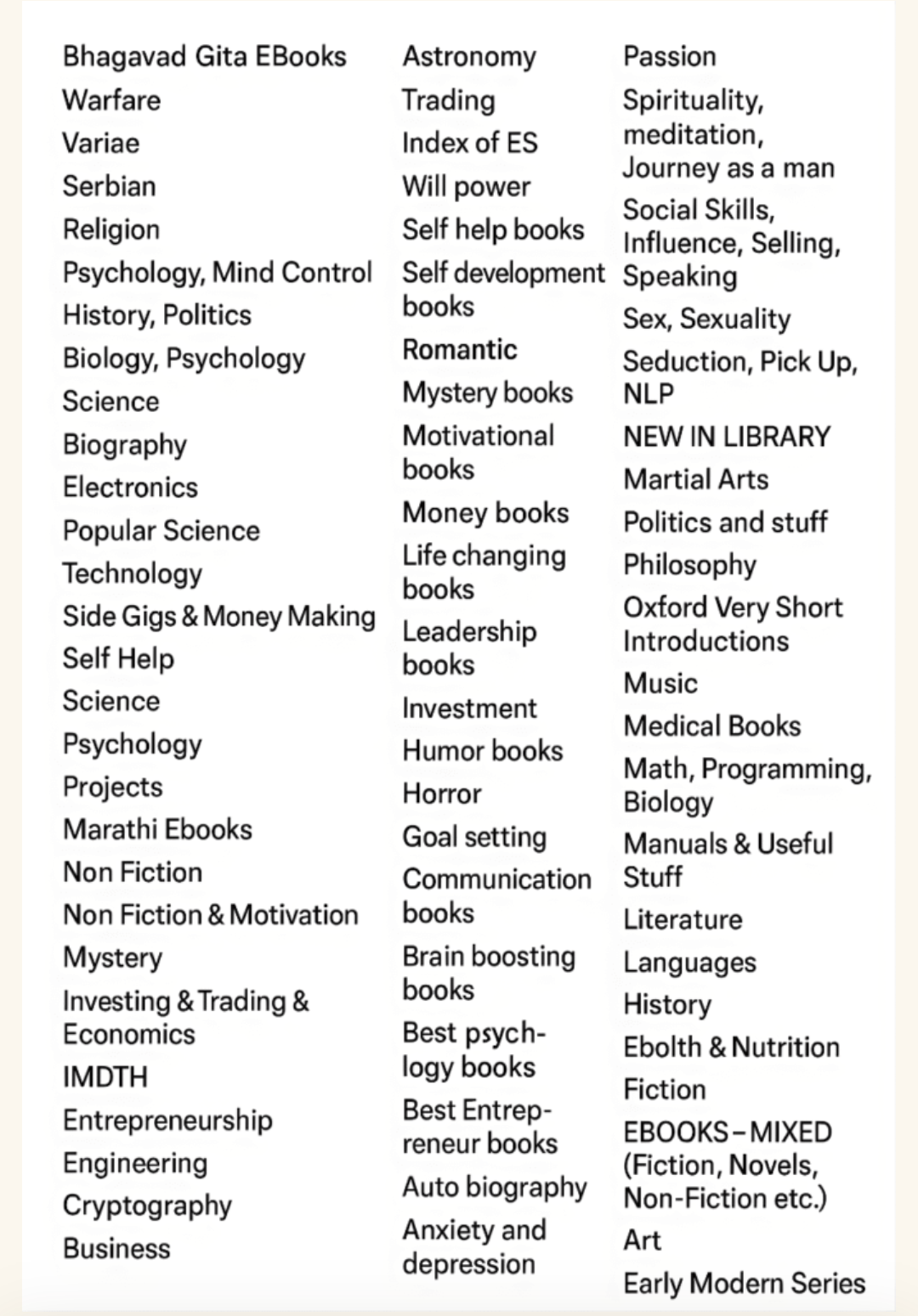 Book categories included